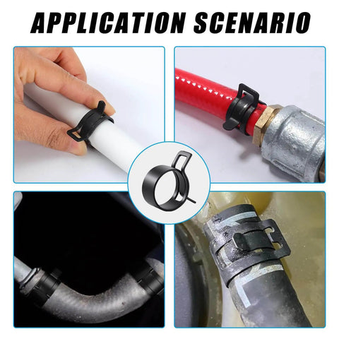 90Pcs 6-25mm Spring Hose Clamps Kit For Auto Gearheads in use on hoses and pipes, demonstrating secure, leak-free connections.