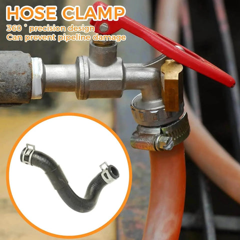 90 Pcs Spring Hose Clamps Assortment Kit With Eight Sizes 6 To 16 Mm Leakproof Fuel Line Clamps for Motorcycle Automotive Marine and Lawn Mower Spring Loaded Clip Straps for Secure Seals installed on a metal pipe with red handle.