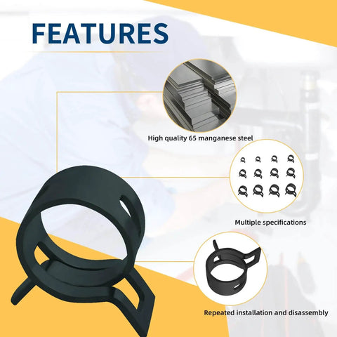 142-Piece Spring Hose Clamps Set For Automotive Projects, 6mm To 20mm Range, showing clamp features and material