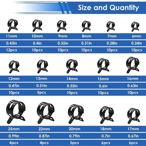 Various sizes of spring hose clamps from the 132 pcs 6 to 25mm spring hose clamps with hose clamp pliers in 16 sizes constant tension hose clamp kit.