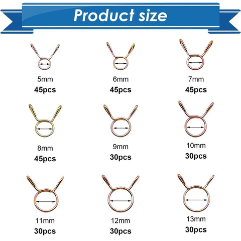 330Pcs Nine Size Spring Hose Clamps Set 5mm To 13mm Galvanized 65Mn Spring Clips Assortment Kit for various pipe sizes