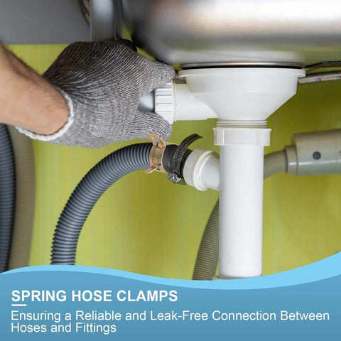 Spring Band Hose Clamps For 20 To 24 Millimeter Hose OD Pack Of 30 Vacuum Constant Tension Clips For Fuel Line Air Hose Water Pipe Gold Finish Corrosion Resistant 65Mn Steel. A person installing clamps on a pipe under a sink.