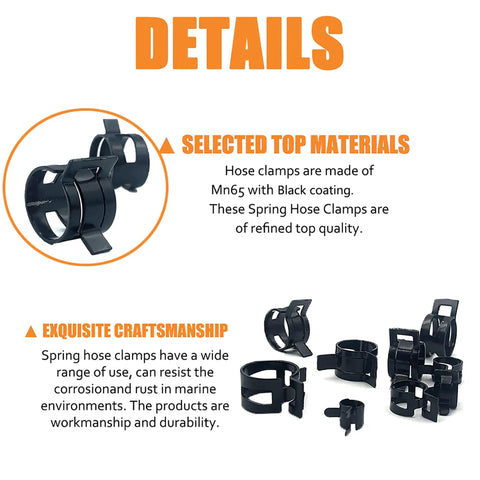 Details of 80Pcs Spring Band Hose Clamps Set 7mm To 18mm Low Pressure Vacuum Hose Clips For Fuel Lines And Silicone Hoses, Mowers And Snowmobiles, Heavy Duty 65Mn Spring Steel, Black showing selected top materials and exquisite craftsmanship displayed on the image.