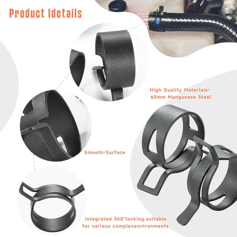 Close-up view of 12 Pack 1.1 Inch 28mm Spring Band Hose Clamps With Constant Tension Auto Fuel Line Silicone Vacuum Hose Steel Clamp