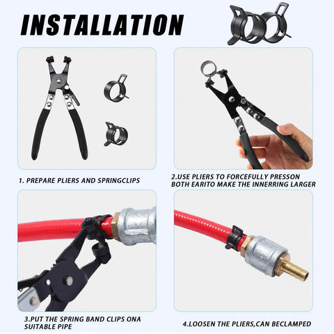 Installation guide for 90Pcs 6-25mm Spring Hose Clamps Kit For Auto Gearheads, showing pliers and clamps on fuel line pipe.