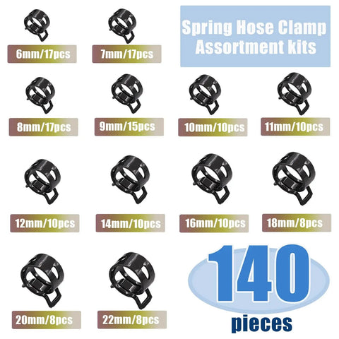 Assorted Spring Hose Clamps Kit, 140 Pcs, 6 To 22 Mm Range, 12 Sizes, Premium 65Mn Spring Steel Clips, Black