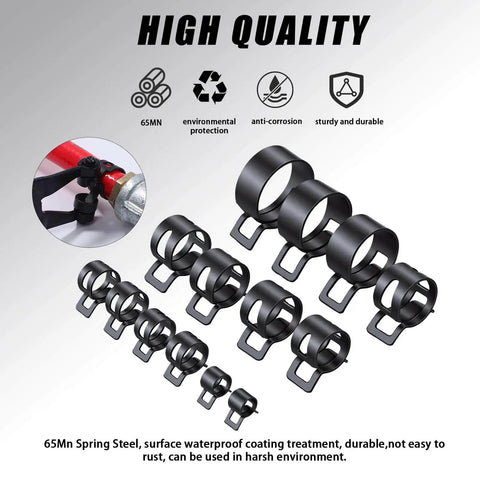 90Pcs 6-25mm Spring Hose Clamps Kit For Auto Gearheads with sturdy black small clamps, anti-corrosion steel, various sizes visible.