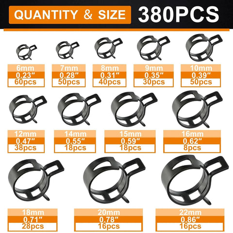 380 Pcs 6 To 22 Mm Spring Hose Clamps Kit 12 Sizes Black Fuel Line Clamps shown with quantity for each size