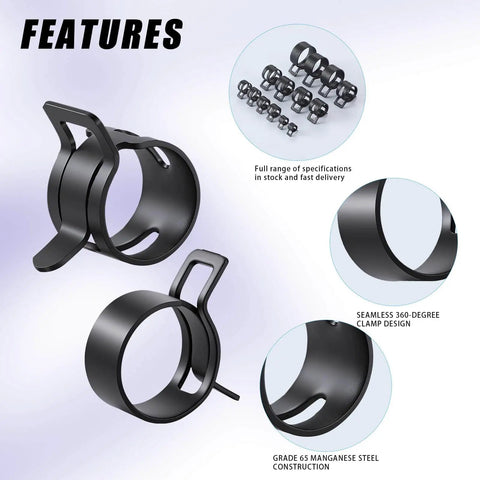 90Pcs 6-25mm Spring Hose Clamps Kit For Auto Gearheads showcasing black clamps with constant tension steel, close-up