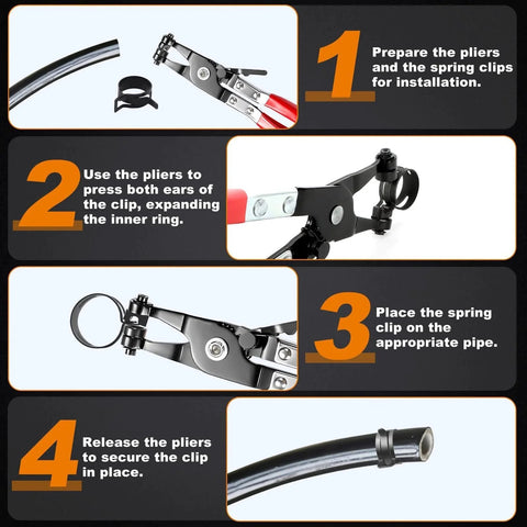 Instructions for using the 380 Pcs 6 To 22 Mm Spring Hose Clamps Kit 12 Sizes Black Fuel Line Clamps with pliers.