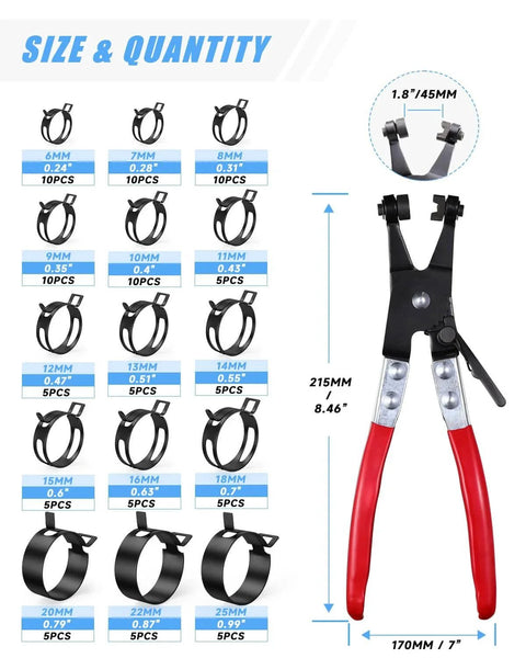 100 Piece 6 To 25mm Spring Hose Clamps Assortment Kit with size chart and swivel flat hose clamp plier shown.