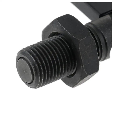 Close-up of a spring loaded latch pin with lock nut indexing plunger M16x10mm, showing detailed threading and carbon steel body in black finish.