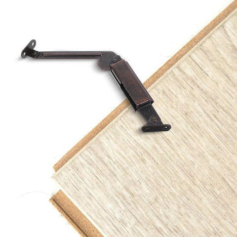 2Pcs Spring Lid Support Hinges for Wooden Chest Box with Fold Down and Swing Down Function attached to light wood surface
