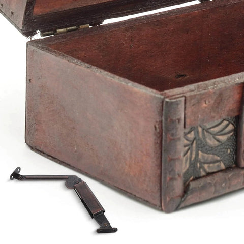 2Pcs Spring Lid Support Hinges for Wooden Chest Box with Fold Down and Swing Down Function shown with open wooden chest
