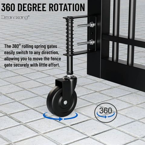 Four Inch Spring Loaded Caster Wheel Set For Gates And Fences, Heavy Duty Rubber Wheel With 360 Degree Rotation installed on metal gate.