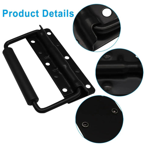 Close-up of 3 Pack Spring Loaded Chest Handles 4.9 Inch Heavy Duty Surface Mount Stainless Steel With Rubber Grip, black finish details.
