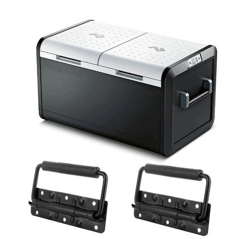 Black toolbox and two spring loaded handle set 4.9 inch heavy duty surface mount chest handles with rubber grip for cabinets.