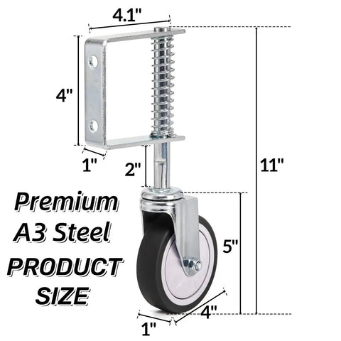 2 Pack Spring Loaded Gate Casters For Wooden And Metal Gates, 4 Inch Heavy Duty Gate Wheels With 360 Degree Swivel, Universal Mount Plate shown in dimensions.