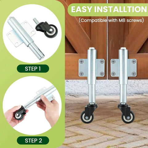 Spring Loaded Gate Caster Set Of Two With Two And A Half Inch PU Swivel Wheels Four Hole Mounting Plate Heavy Duty Farm Gate Rollers Load Capacity One Hundred Ten Pounds Adjustable Height shown in installation steps next to a wooden gate.