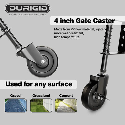Image of 4 inch spring loaded gate wheel with side break for outdoor gates, made of durable PP material, prevents sagging and improves alignment.