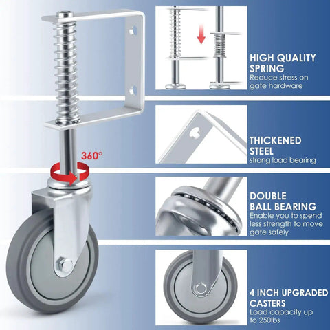 2 Pack Heavy Duty Spring Loaded Gate Casters With 4 Inch Sliding Wheels For Wooden And Metal Gates Each Supports 250 To 500 Lbs Made From Corrosion Resistant Steel For Outdoor Use Easy Gate Opening And Closing