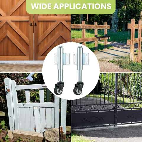 Spring Loaded Gate Caster Set of Two with Two and a Half Inch PU Swivel Wheels Four Hole Mounting Plate shown on gates