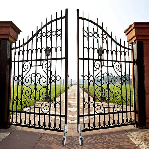 2 Pack Spring Loaded Gate Casters For Wooden And Metal Gates, 4 Inch Heavy Duty Gate Wheels With 360 Degree Swivel installed on metal gate