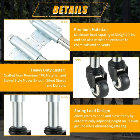 2 Inch Spring Loaded Gate Caster Set Of 2 With TPU Wheels, Heavy Duty Gate Rollers, Detail View Showing Materials and Features