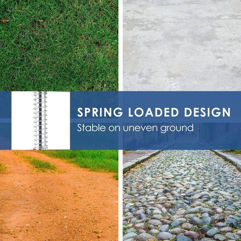 Image showing spring-loaded design of gate casters stable on various surfaces like grass, concrete, dirt, and stones.