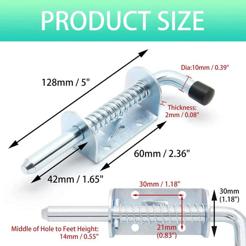 2 Pack 5 Inch Spring Loaded Gate Latch Pin Heavy Duty Barrel Bolt Spring Latch For Cabinets Sheds Trailers And Equipment Chrome Finish Weather Resistant Rust Proof Steel Construction with product size measurements