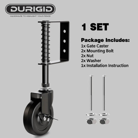 Spring Loaded Gate Wheel 200 Lb Capacity For Wooden Fence Gates Side Break Caster Wheel Durable PP Material shown with accessories