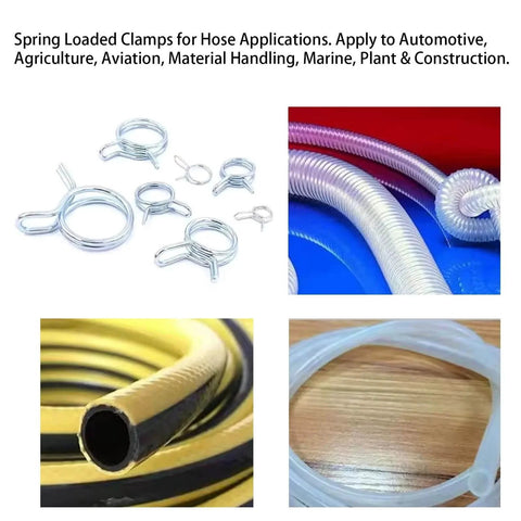 50 Pcs Stainless Steel Spring Hose Clamps Set For Air And Water Hoses With 10mm Inner Diameter Durable Tube Fastener Clip High Quality Metal Clip For Secure Hose Connections In Automotive Plumbing And Home Applications displayed alongside assorted hoses