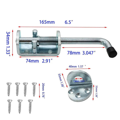 Heavy Duty 6.5 Inch Spring Loaded Latch Pin Sliding Barrel Bolt Door Lock with dimensions and screws included.