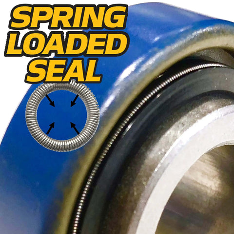 Close-up of a spring loaded seal from Heavy Duty Switch 2 Front Wheel Bearing Rebuild Kit With Axle Sleeve For Scag Lawn Mowers 43581 482621 482622 43584 304 Stainless Steel Axle And Upgraded Spring Loaded Seals