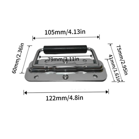 Two Pack Silver Spring Loaded Heavy Duty Handles with stainless steel construction and rubber grip, shown with measurements for toolboxes.