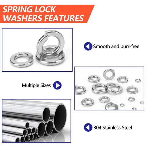 Spring Lock Washer Kit In Nine SAE Sizes 304 Stainless Steel For Fasteners with smooth finish and multiple sizes.