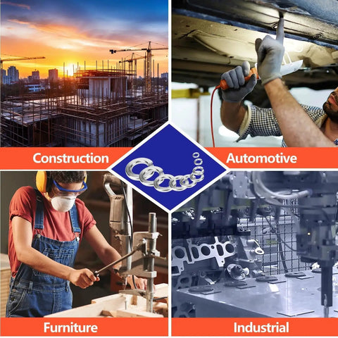 Collage of construction, automotive, furniture, and industrial uses with Spring Lock Washer Kit In Nine SAE Sizes 304 Stainless Steel For Fasteners.