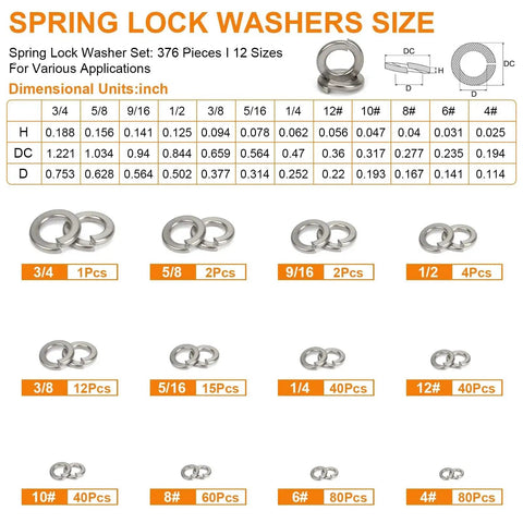 Spring Lock Washer Set SAE Four To Three Quarter Inch 304 Stainless Steel size chart with detailed dimensions and washer images.