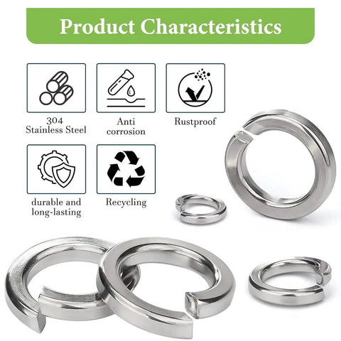 Spring Lock Washers Assortment Kit 1000 Pack 304 Stainless Steel M2 To M12 characteristics display