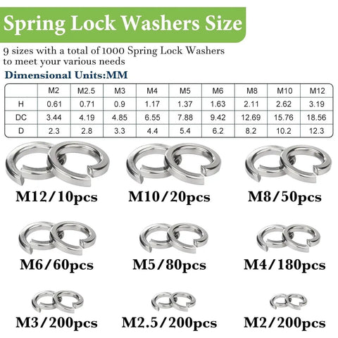 Spring Lock Washers Assortment Kit 1000 Pack 304 Stainless Steel M2 To M12 with size chart and washers