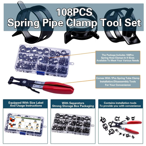 108 Piece Spring Pipe Clamp Set With Tools 9 Sizes From 6 To 18mm For Automotive Marine Gardening And Industrial Hose Interfaces Suitable For Repair And Maintenance In Vehicles Boats Farms And Factories, showing clamps, box, and tool.