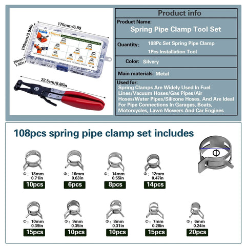 108 Piece Spring Pipe Clamp Set With Tools 9 Sizes 6 To 18mm Spring Hose Clamps For Automotive Marine Gardening And Industrial Applications shown with installation tool and size chart