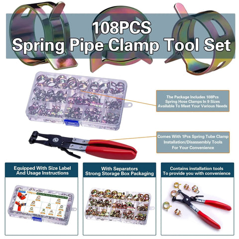 108 Piece Spring Pipe Clamp Set With Clamp Tools, Nine Sizes From 6mm To 18mm, Durable Stainless Steel Construction
