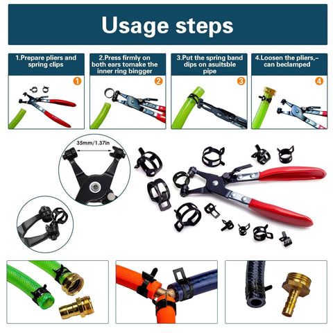 Step-by-step usage of 108 Piece Spring Pipe Clamp Set With Tools 9 Sizes From 6 To 18mm for automotive and industrial hoses.