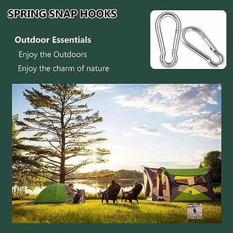 120 Pcs M5 Spring Snap Hook Carabiner Set in outdoor camping scene with tent and chairs by lake, heavy duty galvanized steel for swings, hammock, gym
