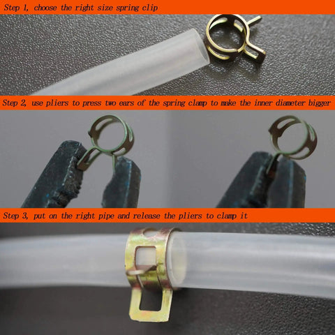 Installation of Durable 65Mn spring steel silicone vacuum hose clamps kit with 160 pieces in 6-10 mm sizes on a clear tube