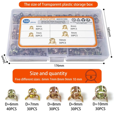 Durable 65Mn spring steel silicone vacuum hose clamps kit with 160 pieces in 6-10 mm sizes in a plastic case, front view
