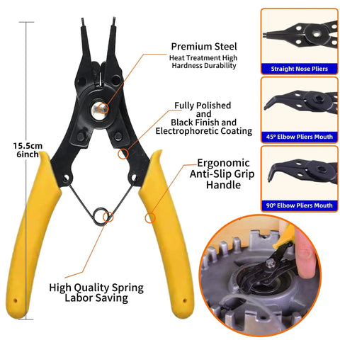 External Retaining Rings Kit With 250 Piece C Clip Set and Spring Tool Pliers featuring ergonomic grips and convertible jaws