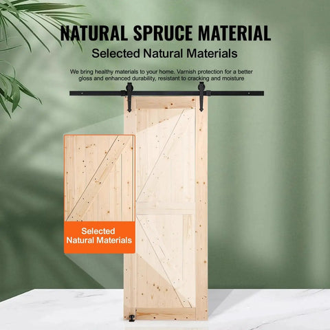 Sliding Barn Door 30 Inch Wide By 84 Inch High With Included Hardware Kit And Handle For Interior Rooms And Storage Closets Waterproof Solid Wood K Frame DIY Stainable Natural Finish Easy Assembly Smooth Sliding Action Durable Construction made from natural spruce material.