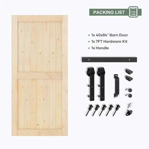 40x84 Inch Sliding Barn Wood Door Slab With 7Ft Hardware Kit In Spruce Solid Wood shown with included hardware pieces.